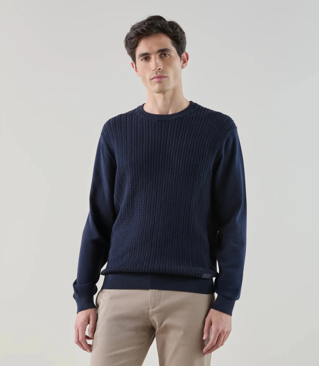 IZAC - Pull col rond en maille torsadée marine