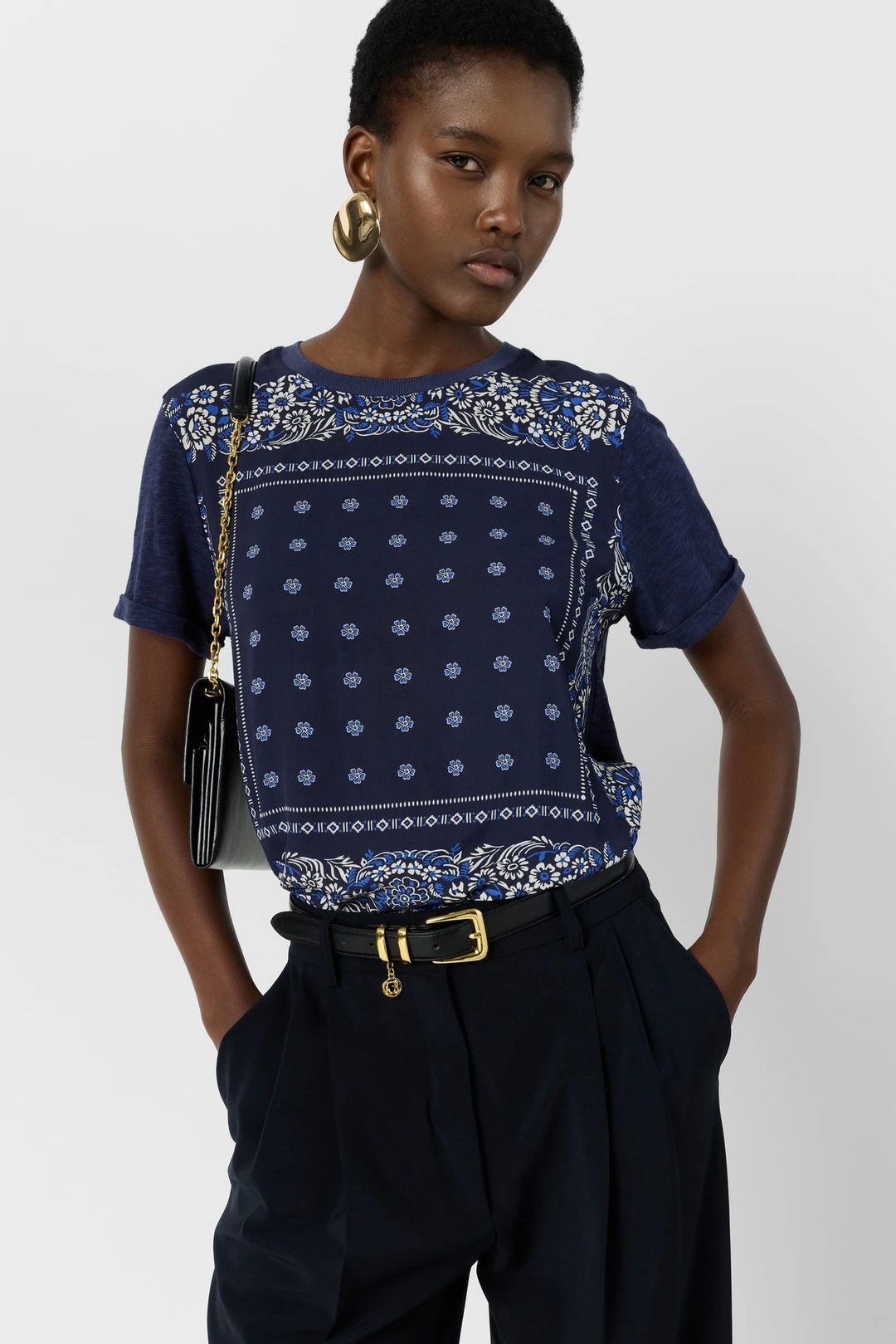 T-shirt bi matière esprit foulard - MANOLIA - Marine