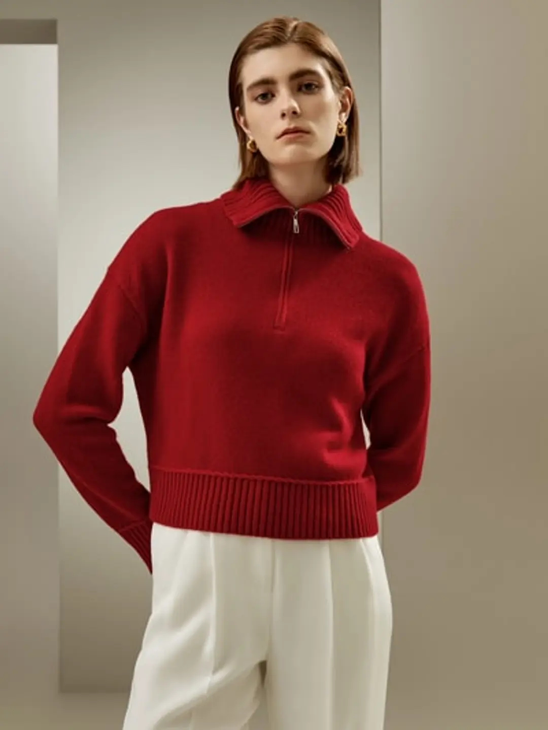 LILYSILK Pull Femme Cachemire Poignets Et Ourlets Côtelés Laine-Cachemire Sophistiqué Et Élégant Les Essentiels De La Garde-Robe Rouge L