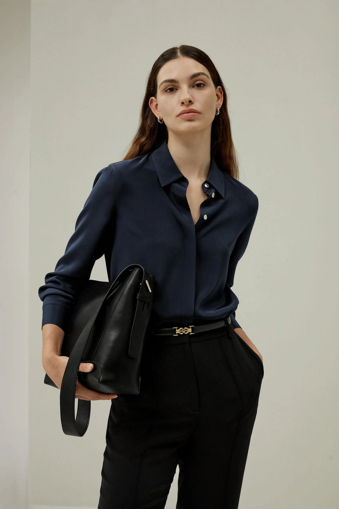 LILYSILK Blouse En Soie Manches Longues Structure À Tissage Serré Soie De Haute Qualité Classique Naturellement Antibactériens Bleu Minuit L