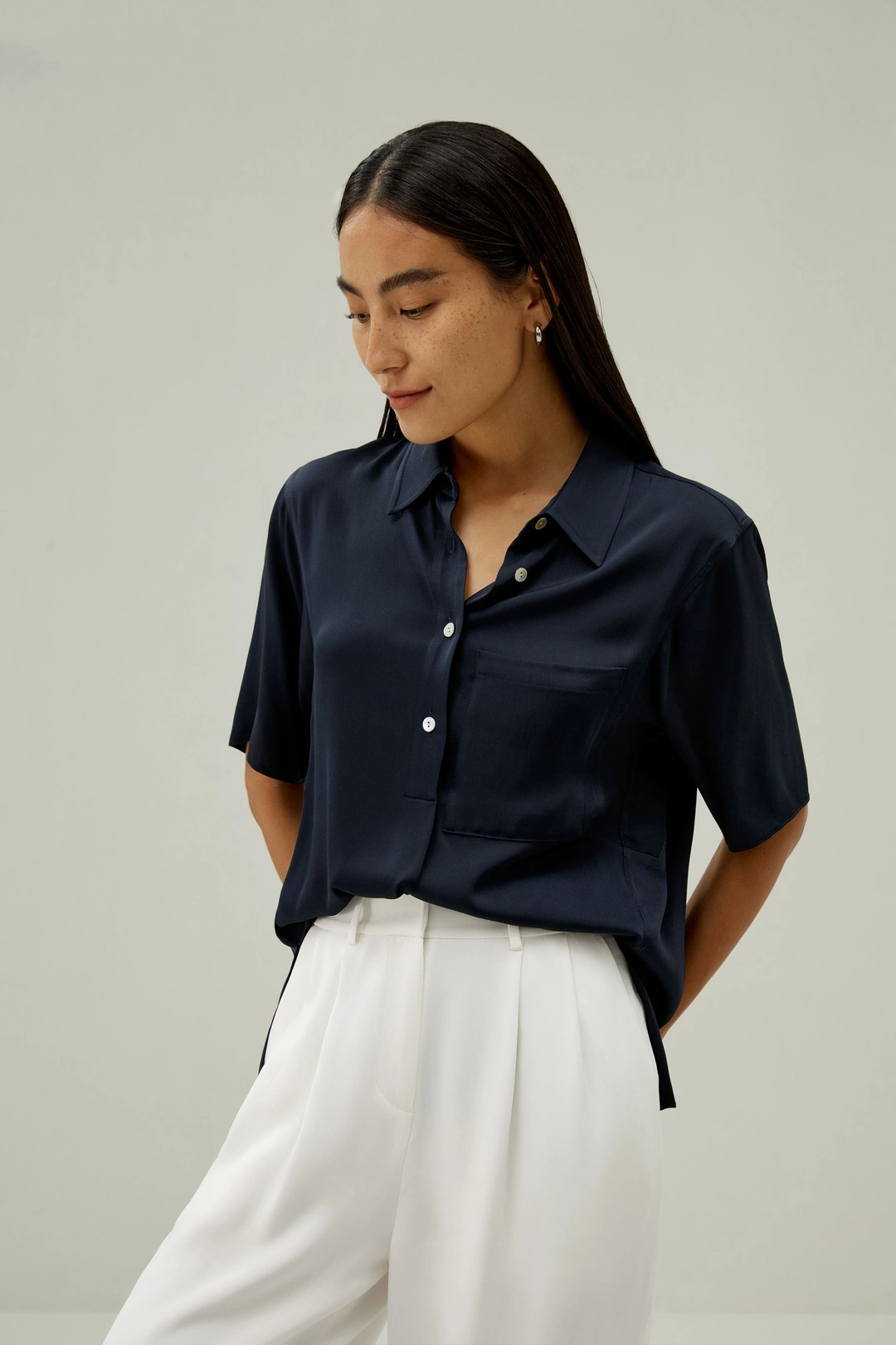 LILYSILK Chemisiers En Soie Poche Latérale Discrète 100 % Soie Double Joe Sophistiqué Et Élégant Style D'Affaires Bleu Minuit L