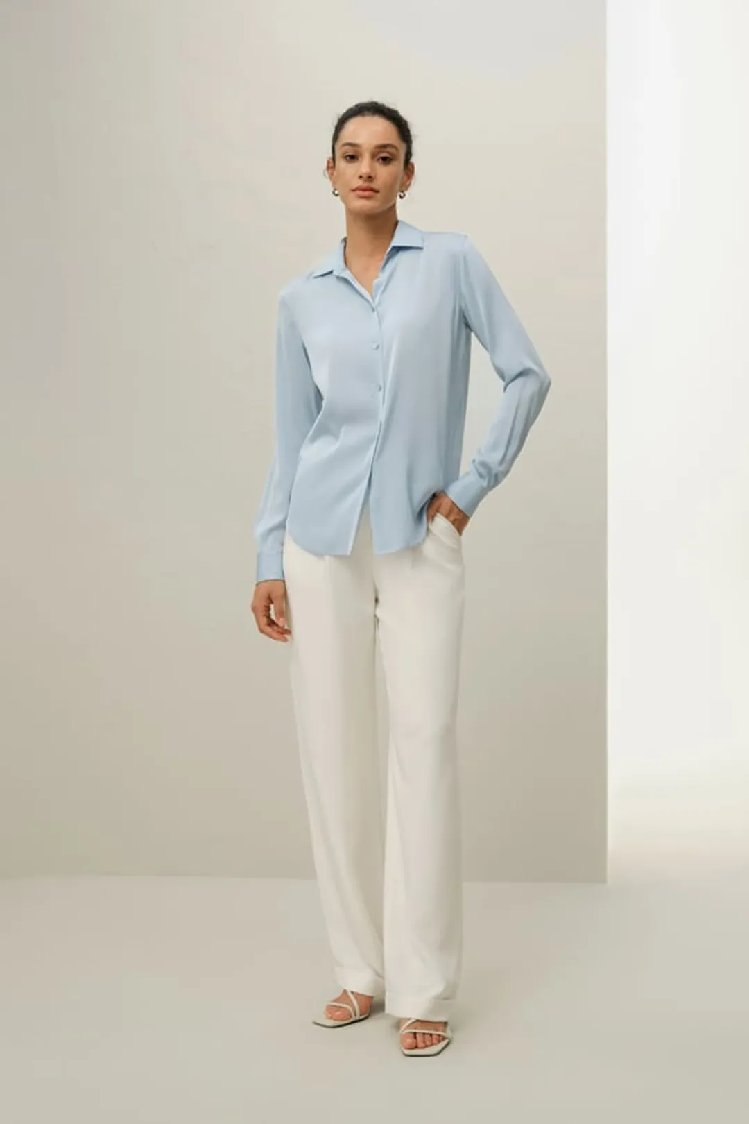 LILYSILK Chemise Soie Femme Bleu Clair M - Col Étalé, Boutons Coquille, Doux et Fluide