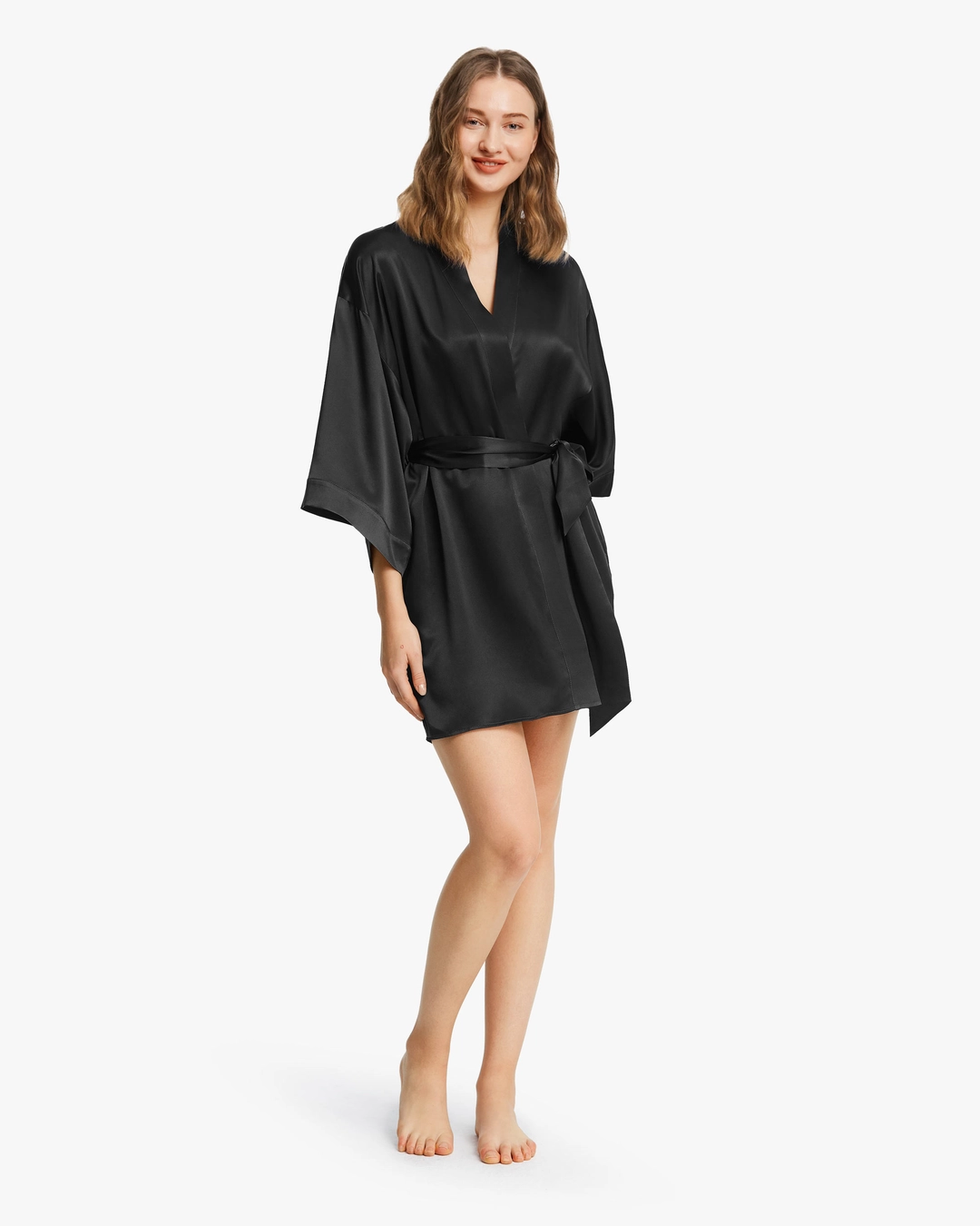 LILYSILK Kimono Soie Femme Nuit Noir Épaule Légèrement Tombée 100% Soie Naturellement Antibactérien L