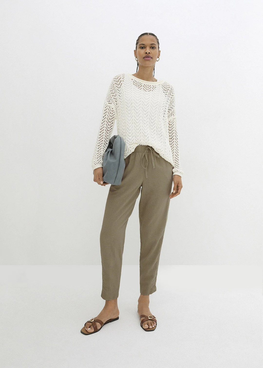 Pantalon en lin majoritaire avec empiècement de dentelle sur le côté, longueur cheville - 2