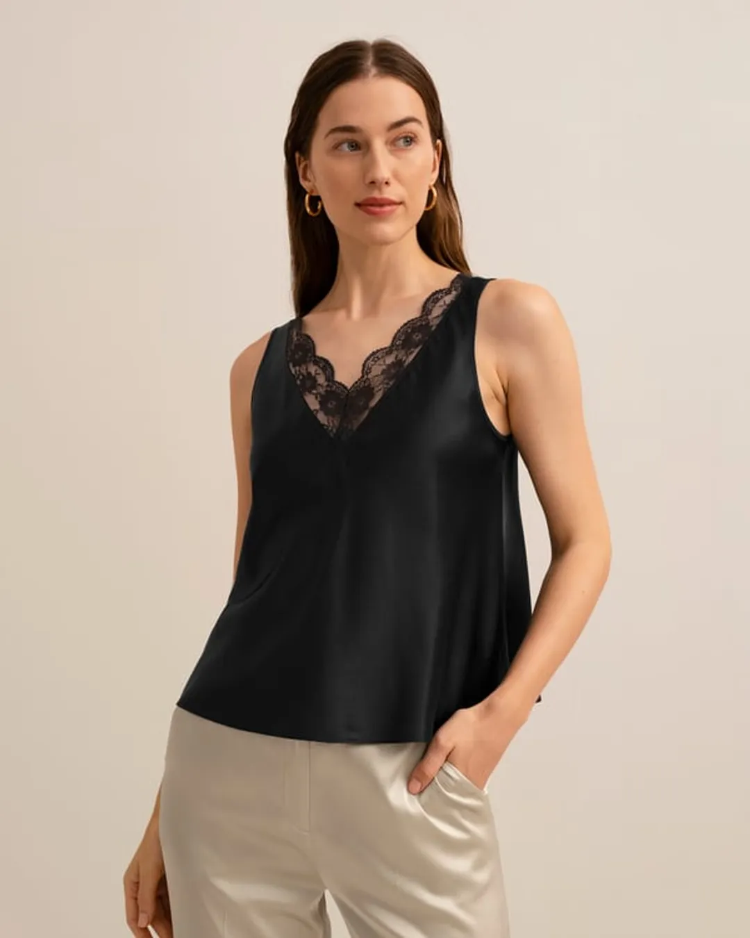 LILYSILK Débardeur Soie, V-Cou Avec Dentelle, Ultra-Douce Et Luxueuse, Soie De Mûrier, Sans Produits Chimiques Nocifs
