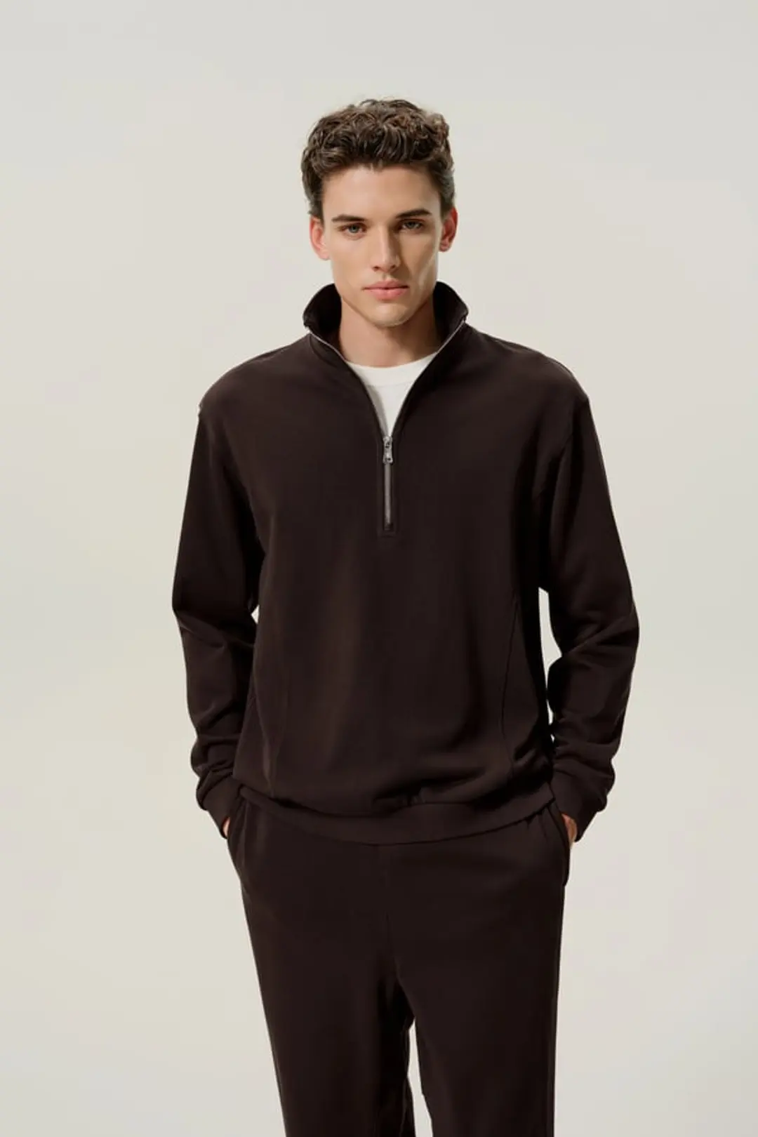 LILYSILK Homme Confortable Sweat en Soie Bouclée Demi-Zip Col Montant Espresso L