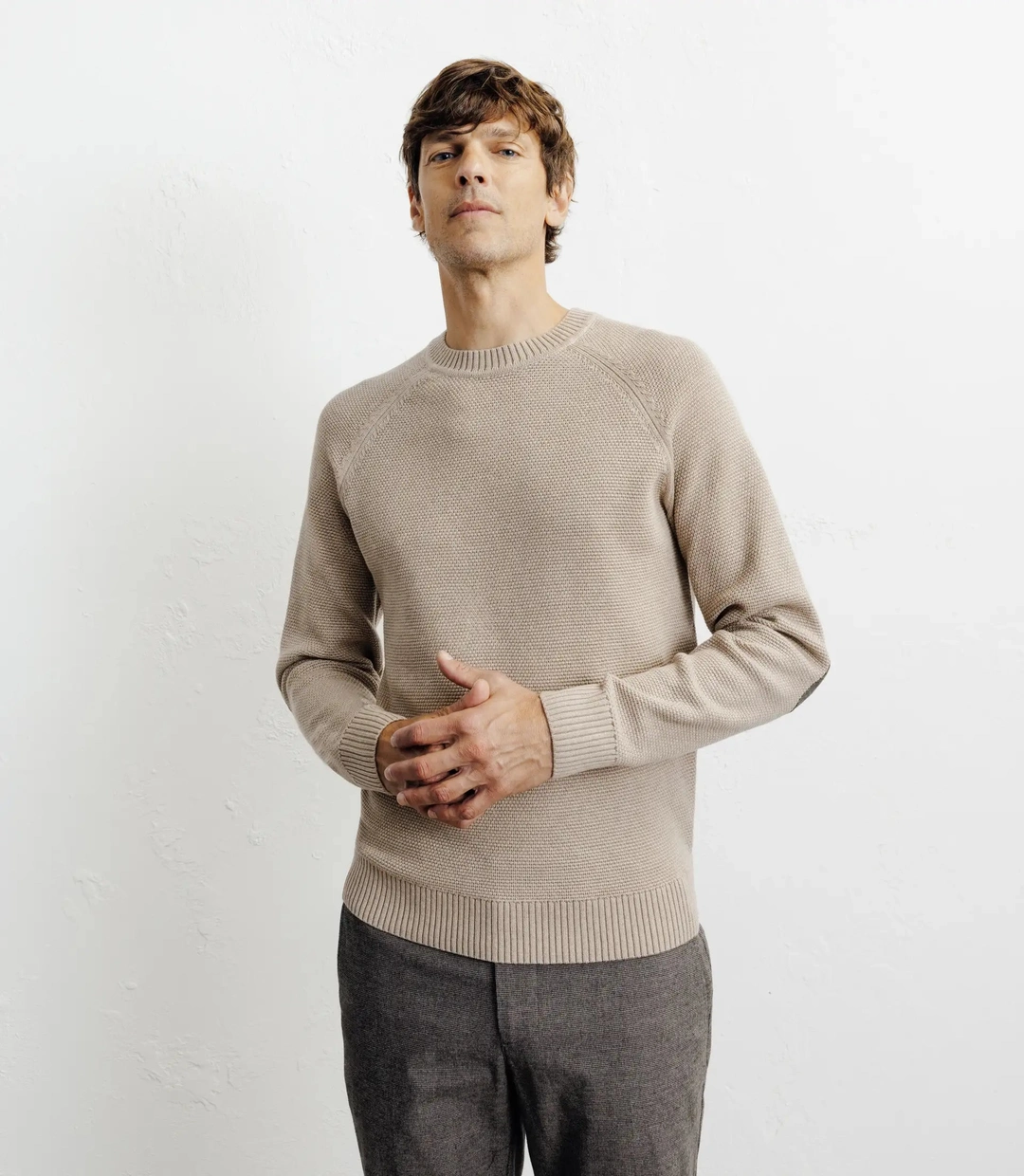 IZAC - Pull col rond jeux de points beige