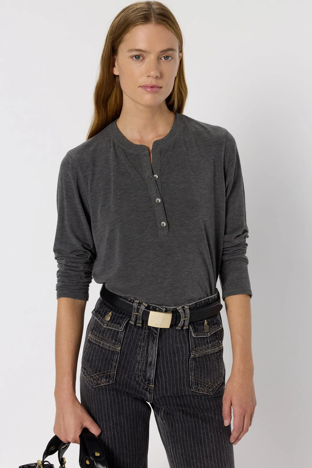 T-shirt chiné à col tunisien - HUGUE - Gris Chiné