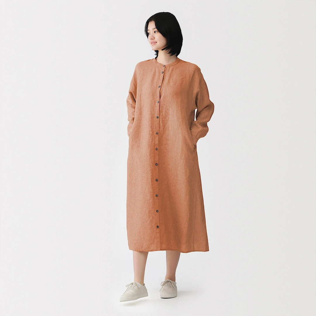 Robe-chemise à col officier en lin lavé pour femme