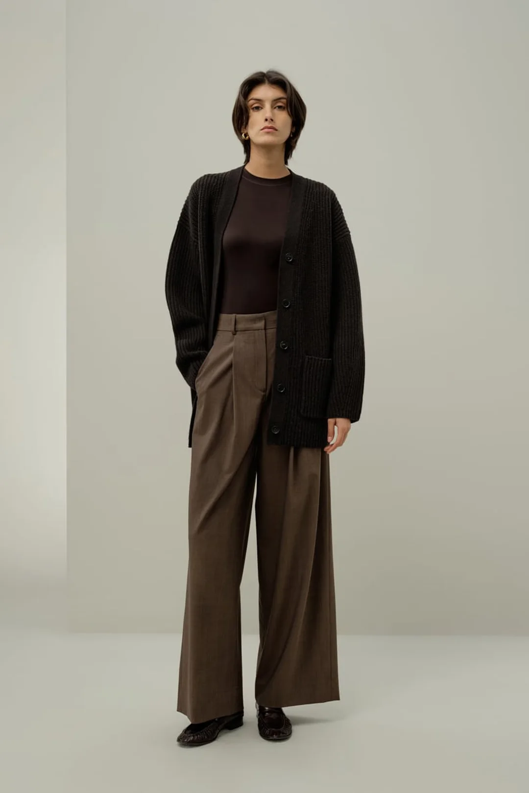 LILYSILK Cardigan Oversize Femme en Tricot Côtelé Chic à Torsades Espresso XS