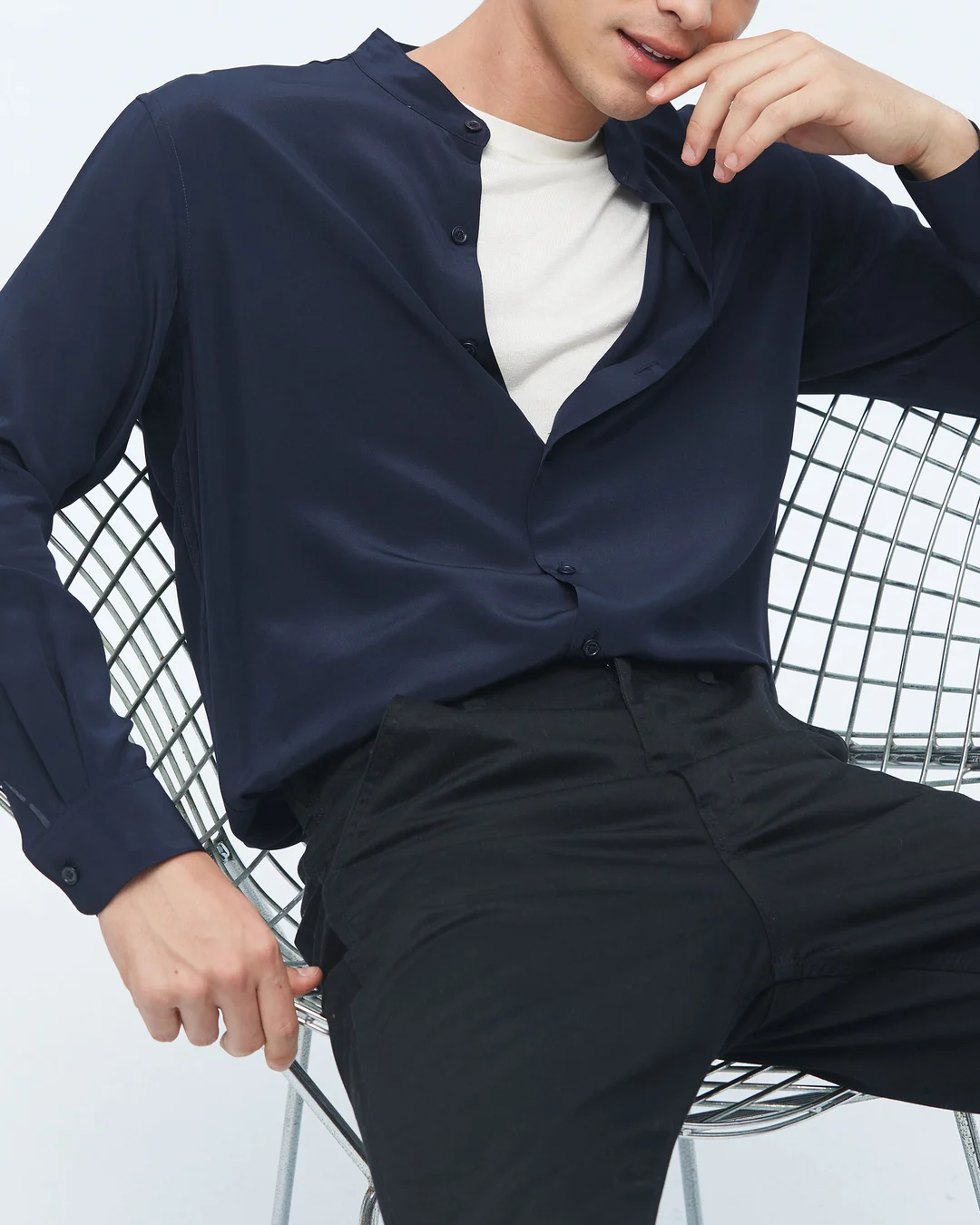 LILYSILK Chemise Soie Homme Bleu Marine Col Montant, Manches Longues 100% Soie Pure Naturellement Antibactérien Chemise M