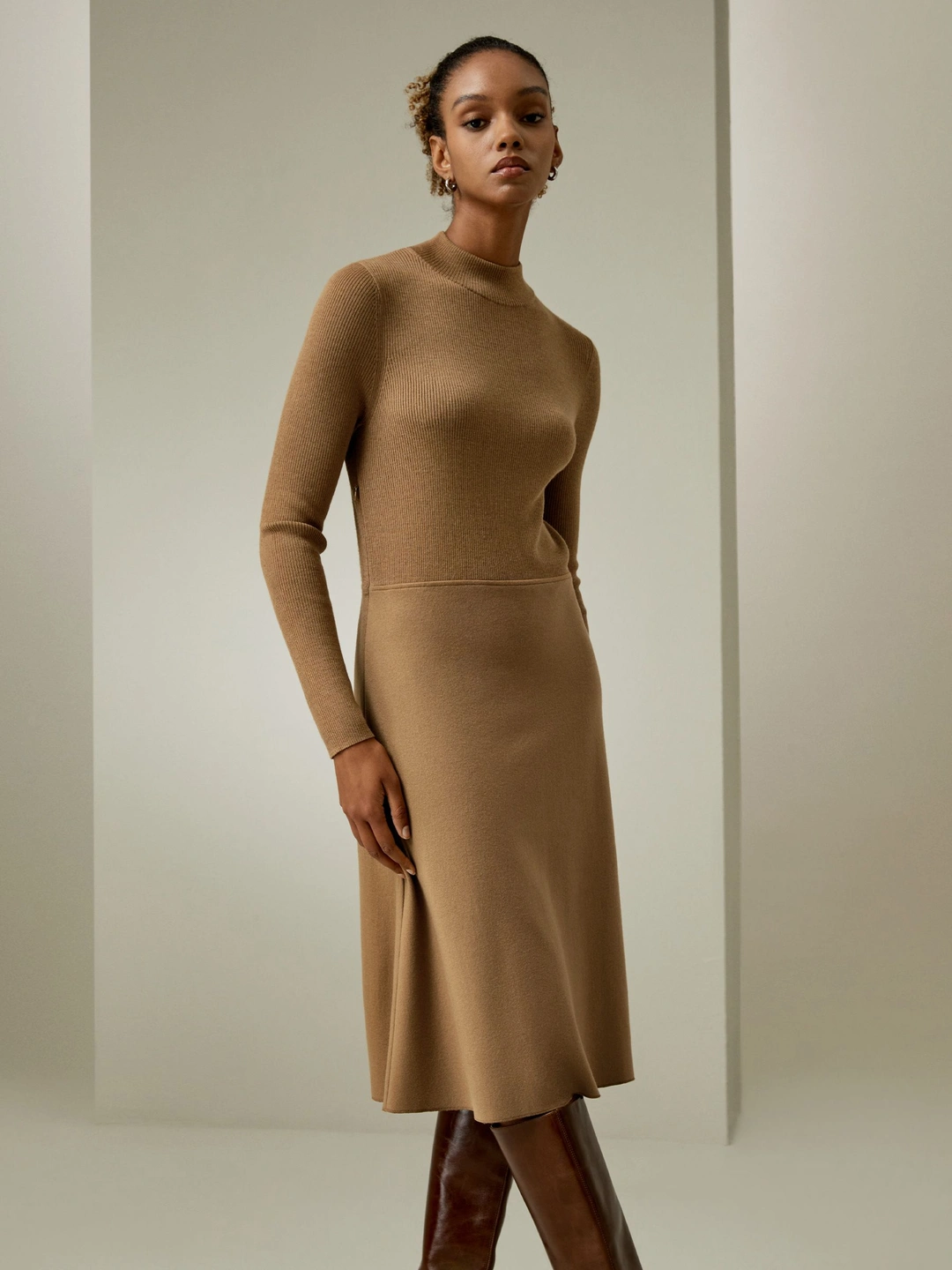 LILYSILK Robe En Laine Coupe Régulière Ajustée Mélange Soie-Laine Sa Taille Mi-Haute Sophistiqué Et Élégant Ocre Xs