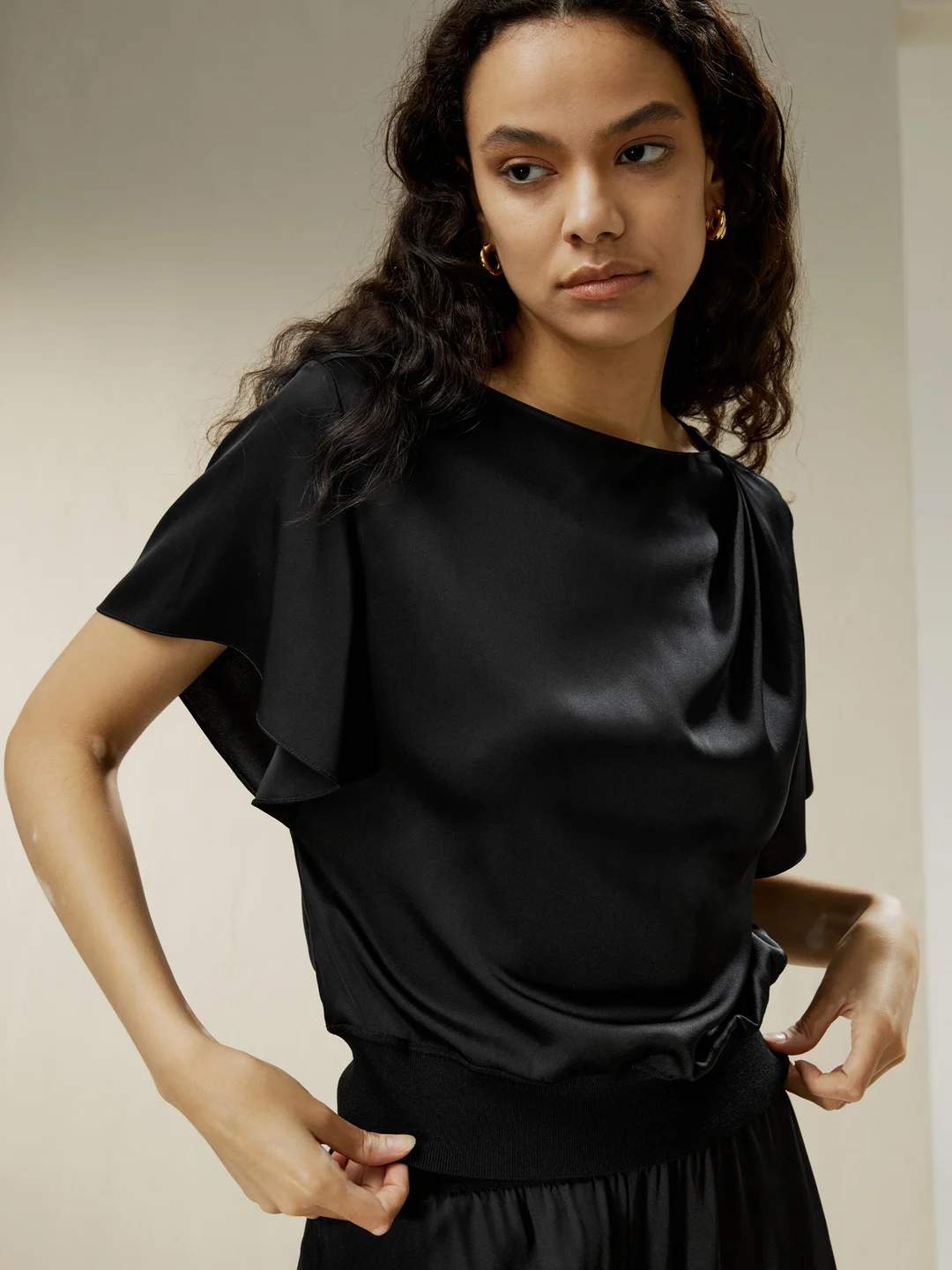 LILYSILK T Shirt En Soie Femme Noir Encolure Bateau, Bas Élastique Côtelé 100% Soie Pure Coutures Méticuleusement Travaillées XS
