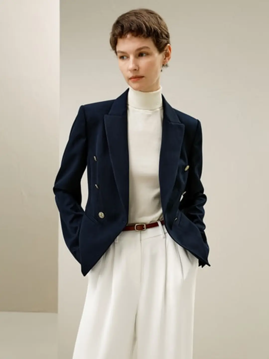 LILYSILK Blazer Ajusté Femme Laine Bleu Marine T.34 Double Boutonnage Court Chic et Élégant