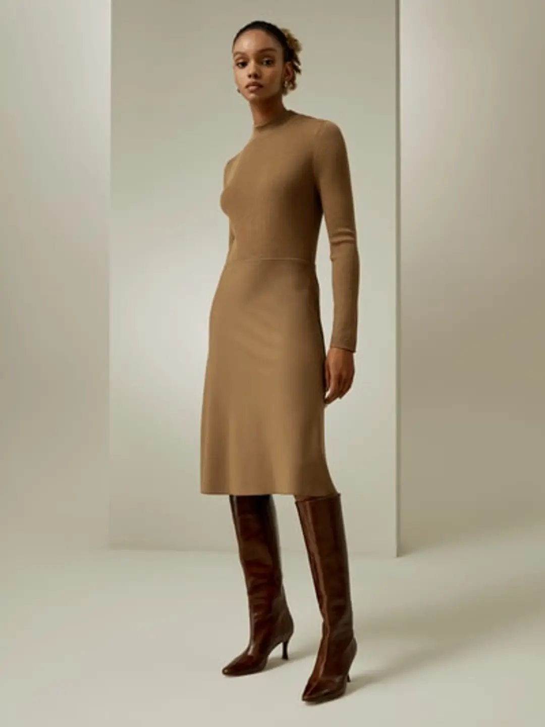 LILYSILK Robe En Laine Coupe Régulière Ajustée Mélange Soie-Laine Sa Taille Mi-Haute Sophistiqué Et Élégant Ocre Xs