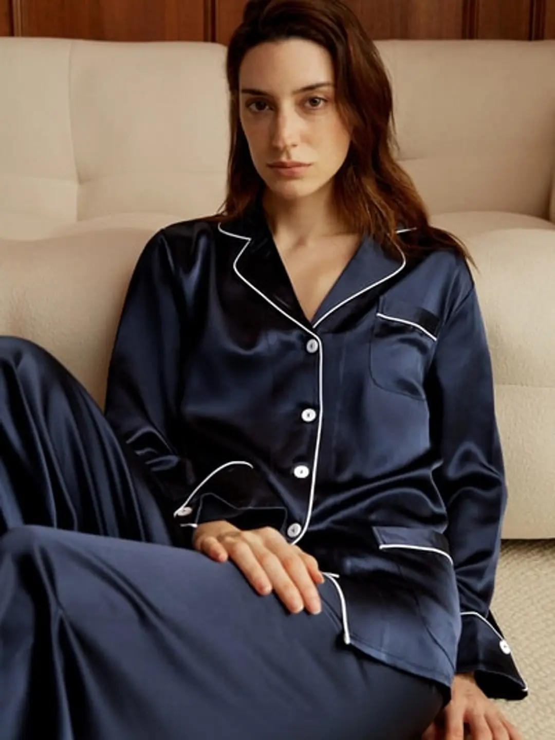 Ensemble Long Pyjama En Soie Liseré Contrastant