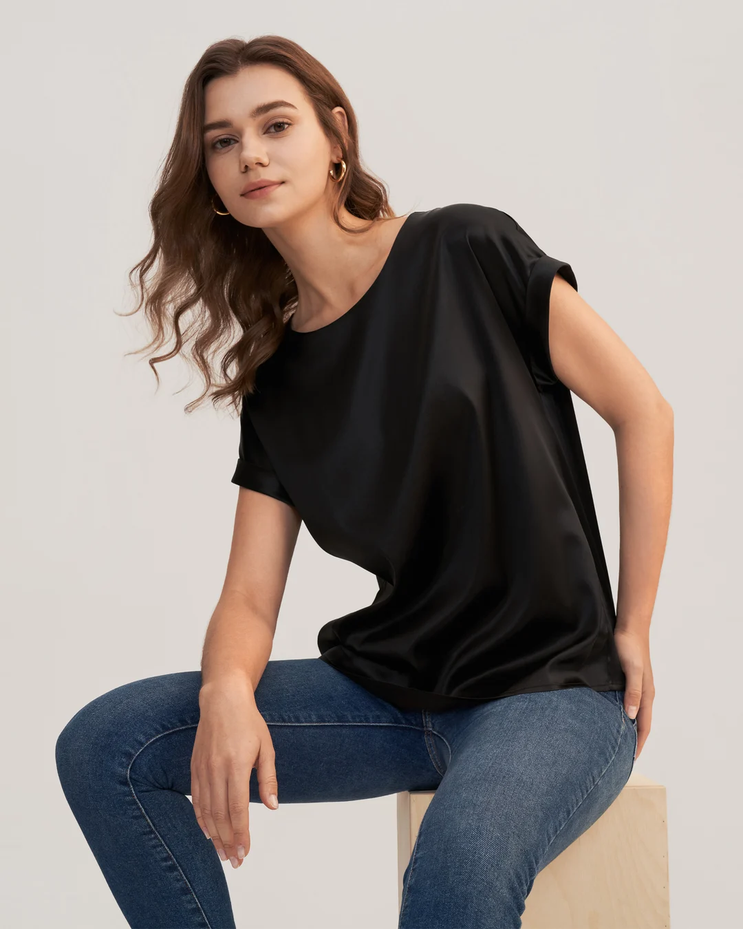 LILYSILK T Shirt Soie Coupe Régulière Poignets Roulés Mancherons Bleu Marine S