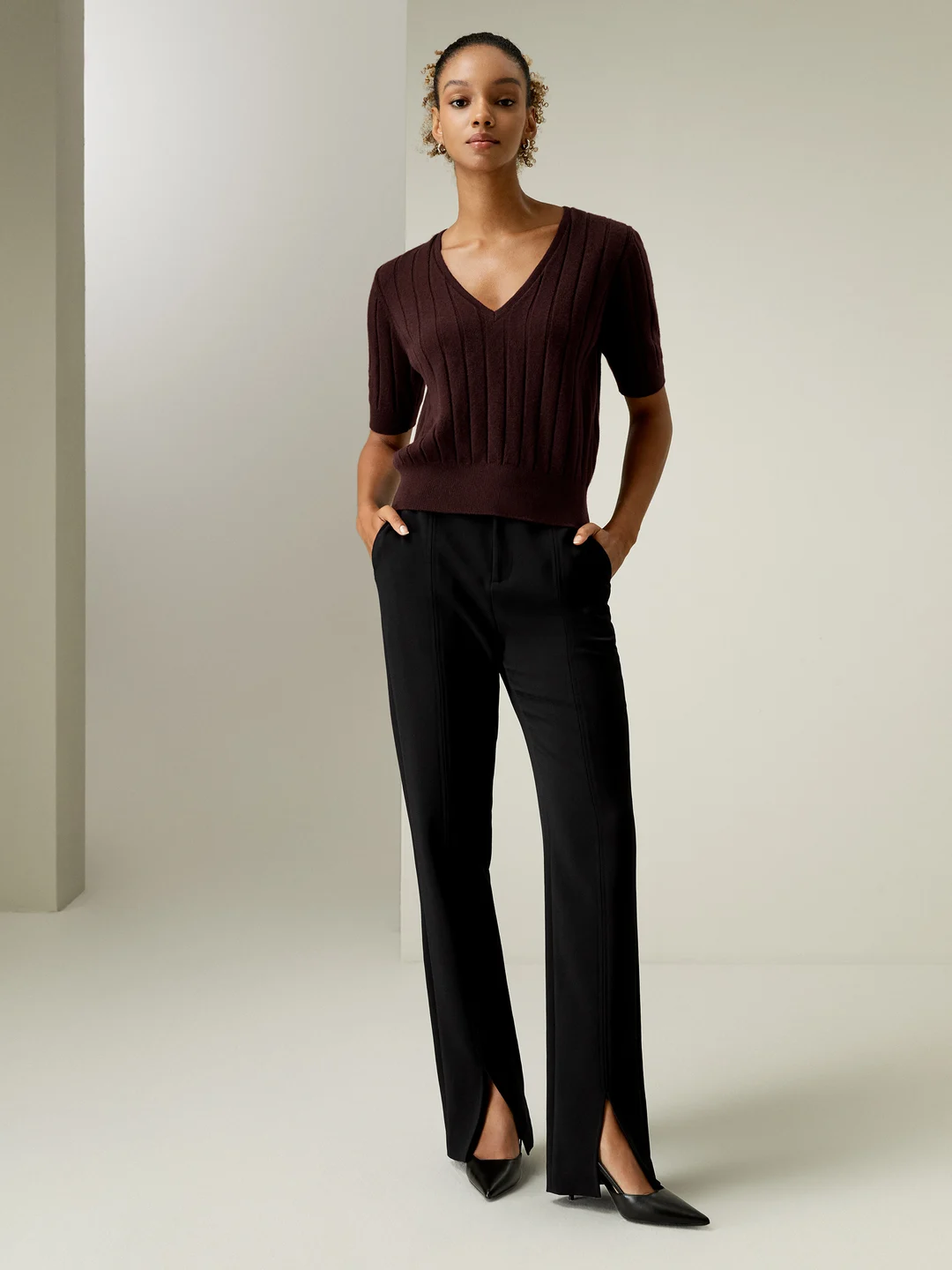 LILYSILK T-Shirt En Cachemire Gris Moyen Manches Courtes Avec Col En V 100 % Cachemire Un Toucher Incroyablement Doux Et Confortable M