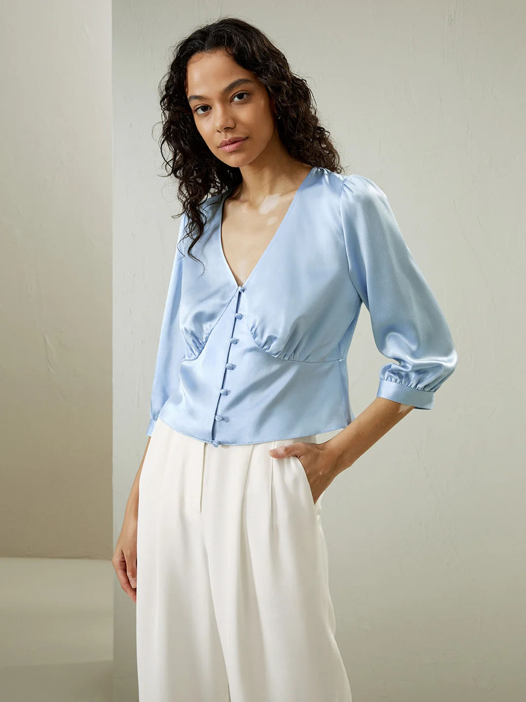 LILYSILK Top Soie Femme Bleu Mer Fermeture À Boutons Et Boucles Sur Le Devant 100% Soie Pure Confortable Brillant Lisse Doux 36