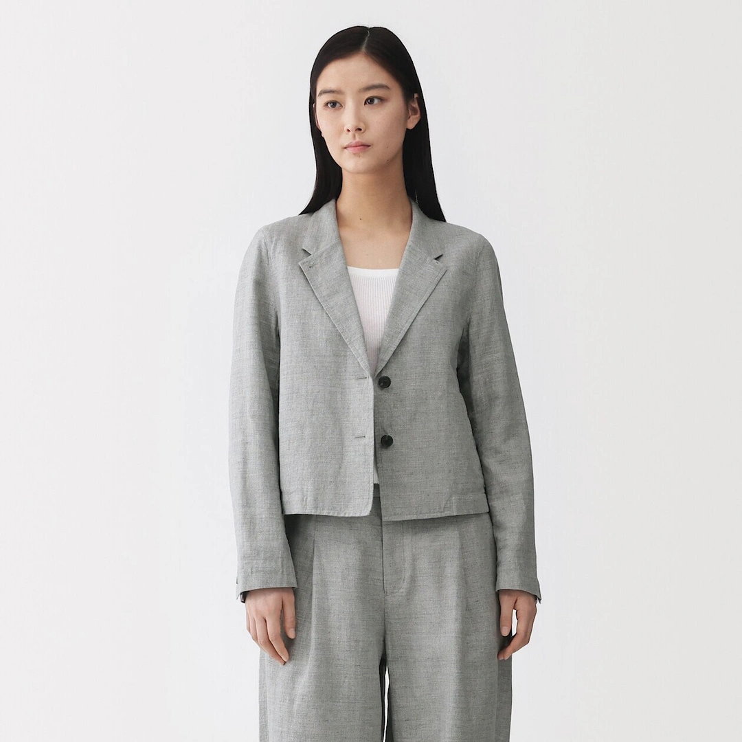 Veste courte à chevrons en mélange de lin pour femme