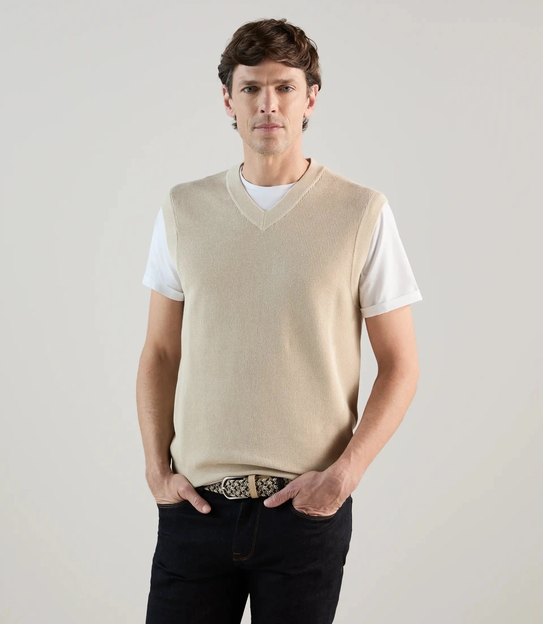 IZAC - Pull sans manches en maille côtelée beige