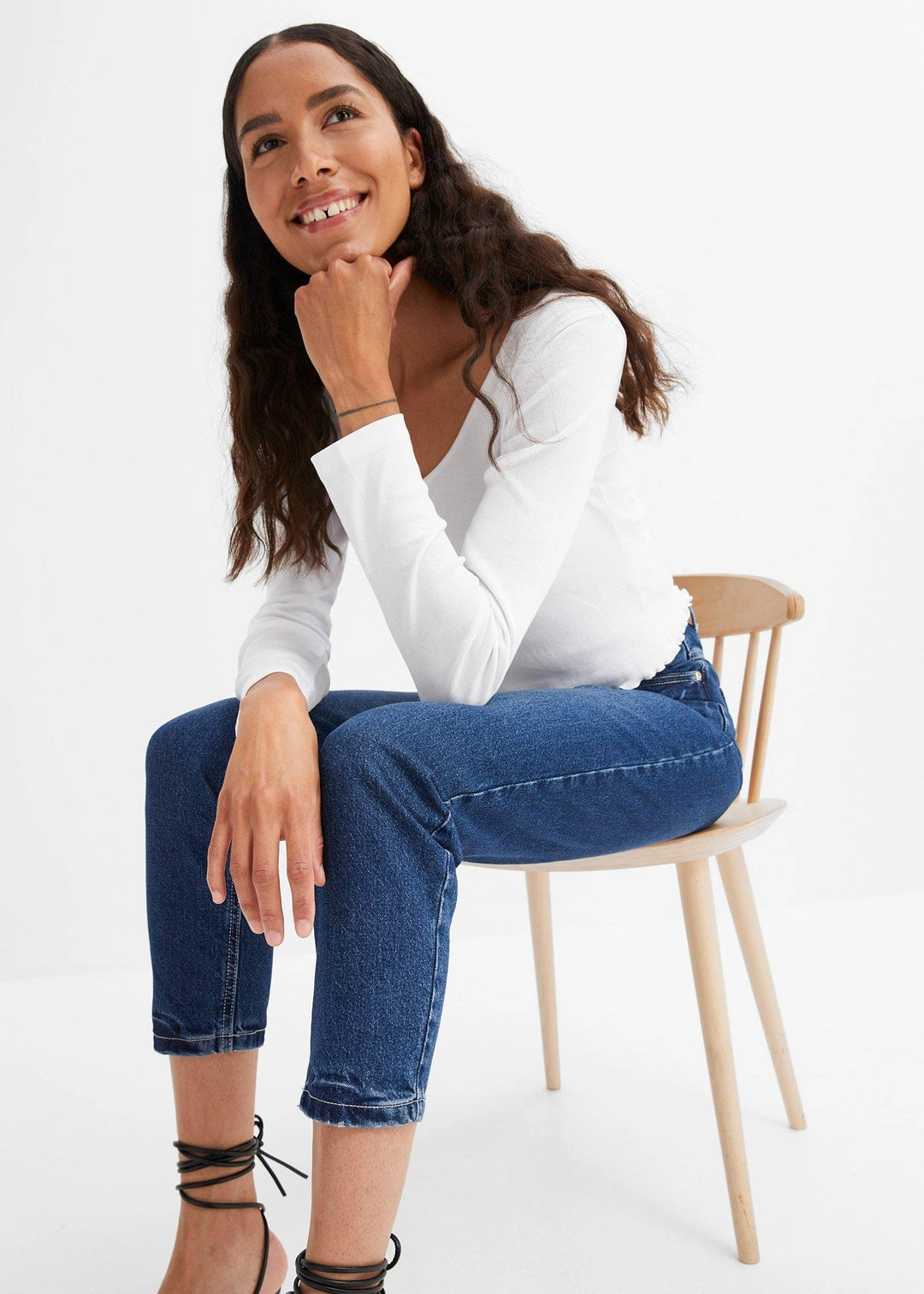 Jean mom taille haute, peu extensible, cropped - 3