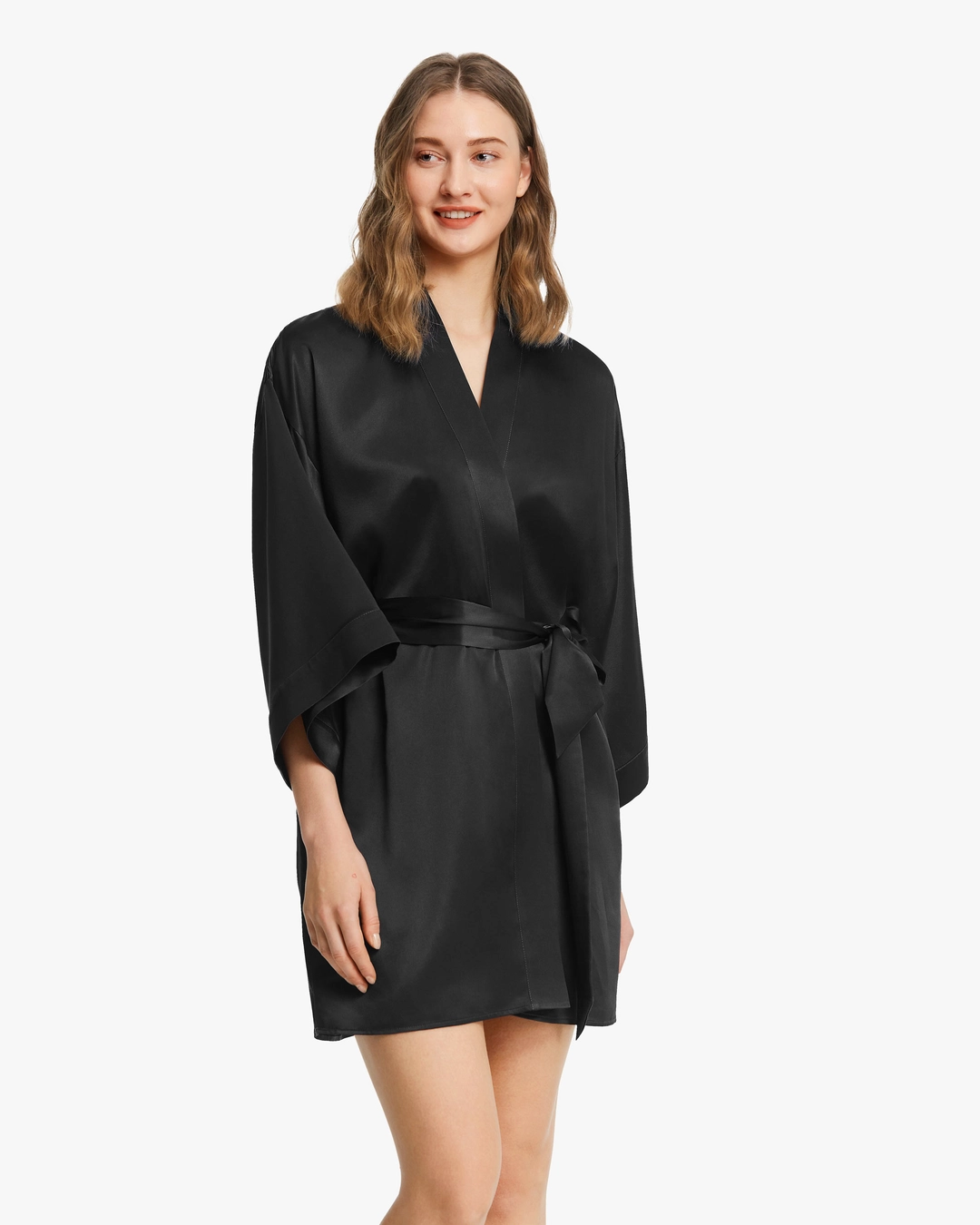 LILYSILK Kimono Soie Femme Nuit Noir Épaule Légèrement Tombée 100% Soie Naturellement Antibactérien L