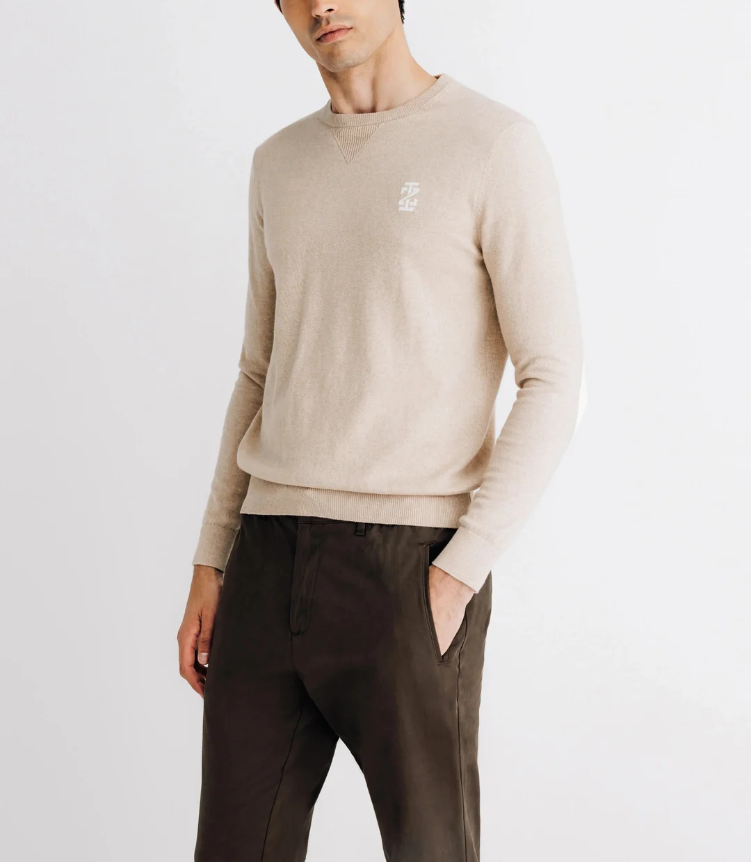 IZAC - Pull col rond coton/cachemire à coudières beige