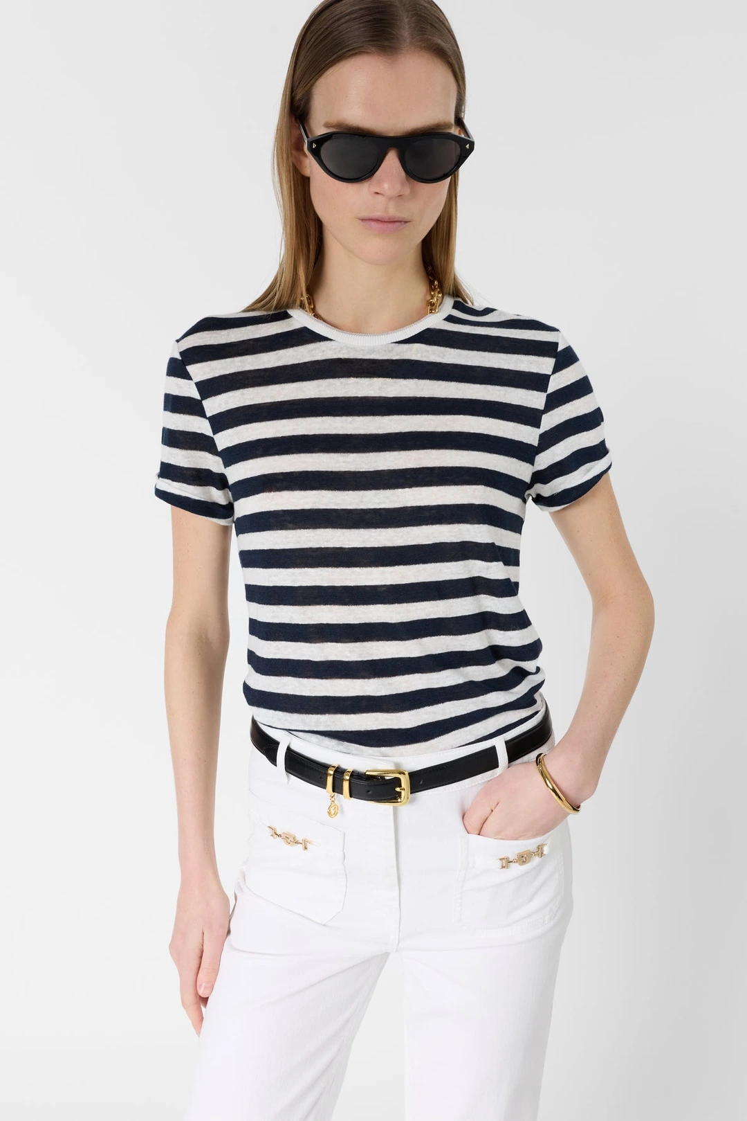 T-shirt rayé en lin et lurex - MELLINA - Marine
