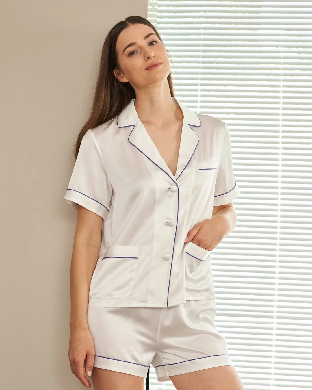 LILYSILK Ensemble Pyjama En Soie Femme Bleu Marine Avec Passepoil Contrasté Et Poches 100% Soie Pure Léger Et Résistant Aux Rides XS