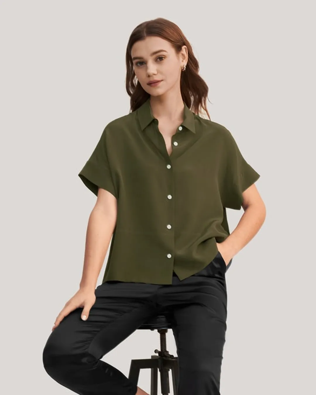 LILYSILK Tee Shirt 100 Soie Femme Manches Courtes, Bouton Classique 100% Soie De Mûrier Léger Et Résistant Aux Rides Chemises