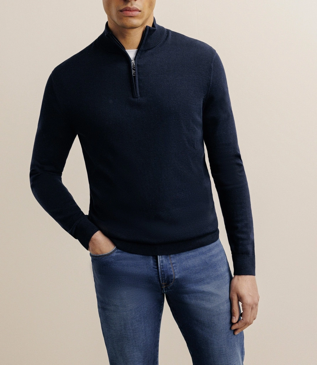 IZAC - Pull col montant demi zippé marine