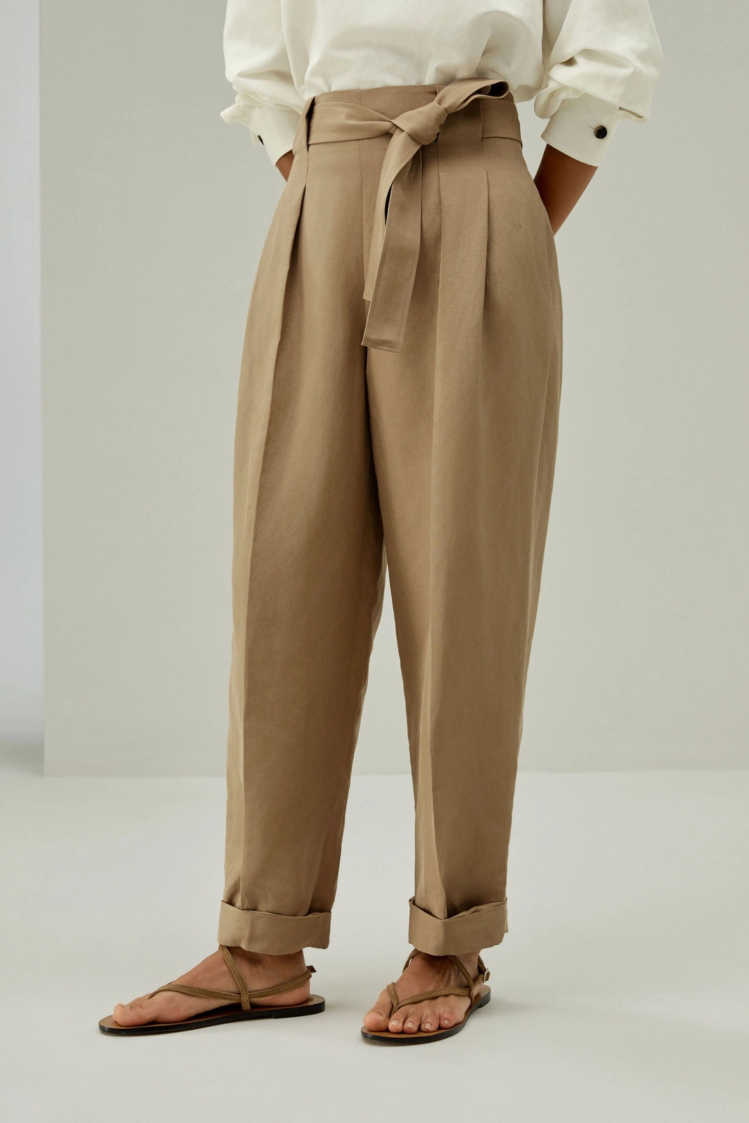 LILYSILK Pantalon Fuselé En Mélange Soie-Lin Pantalon Fuselé À Revers Roulés Mélange Soie-Lin Texture Luxueuse Style Moderne Chêne 40