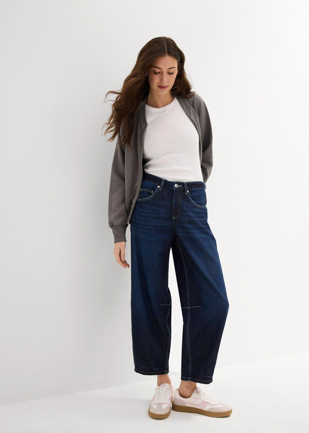 Jean ballon taille mi-haute, doux et cropped