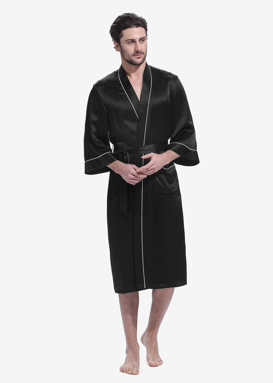 LILYSILK Robe De Chambre Soie Homme Noir Col Châle, Manches Longues 100% Soie Conçu Pour La Beauté Une Meilleure Peau Robe De Chambre XXL