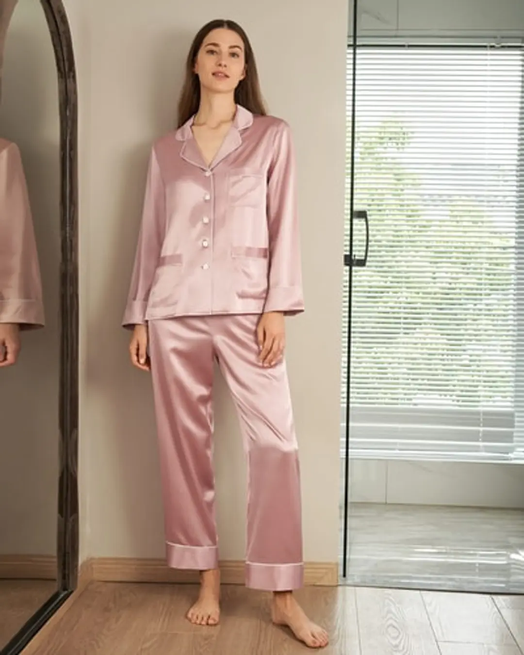 Ensemble Long Pyjama En Soie Liseré Contrastant