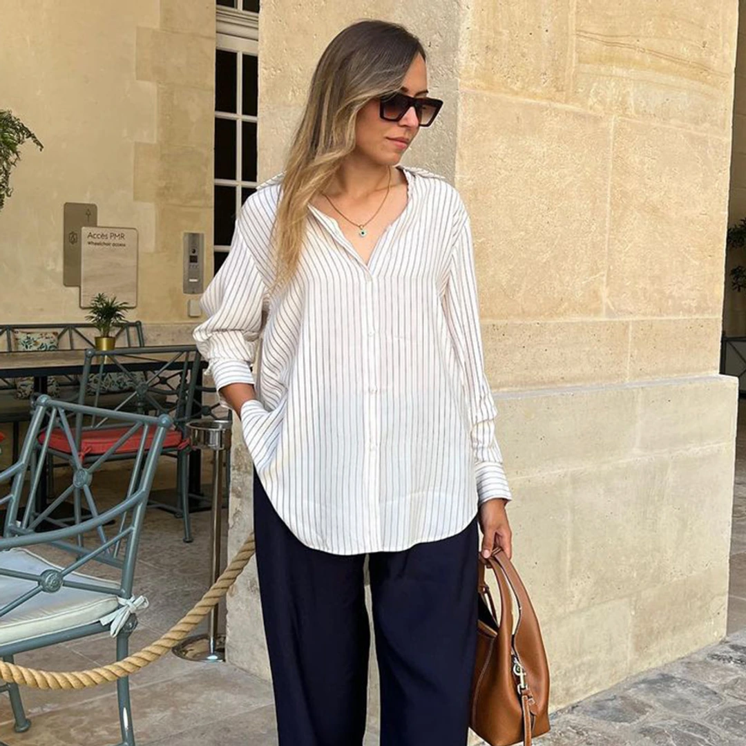 LILYSILK Blouse Soie Femme Surdimensionnée, Chemise À Rayures Charmeuse Soie Super Doux Chemises Bleu Marine À Fines Rayures S