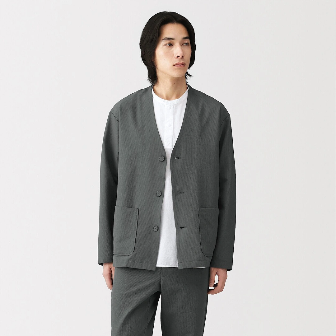 Veste chemise sans col en Seersucker extensible et respirant pour homme