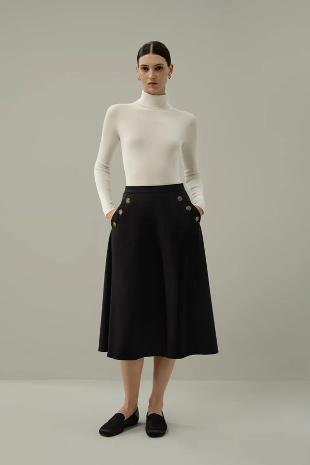 LILYSILK Jupe Midi Trapèze Raffinée En Soie-Laine Tweed De Soie Et Laine Structuré Noir 36