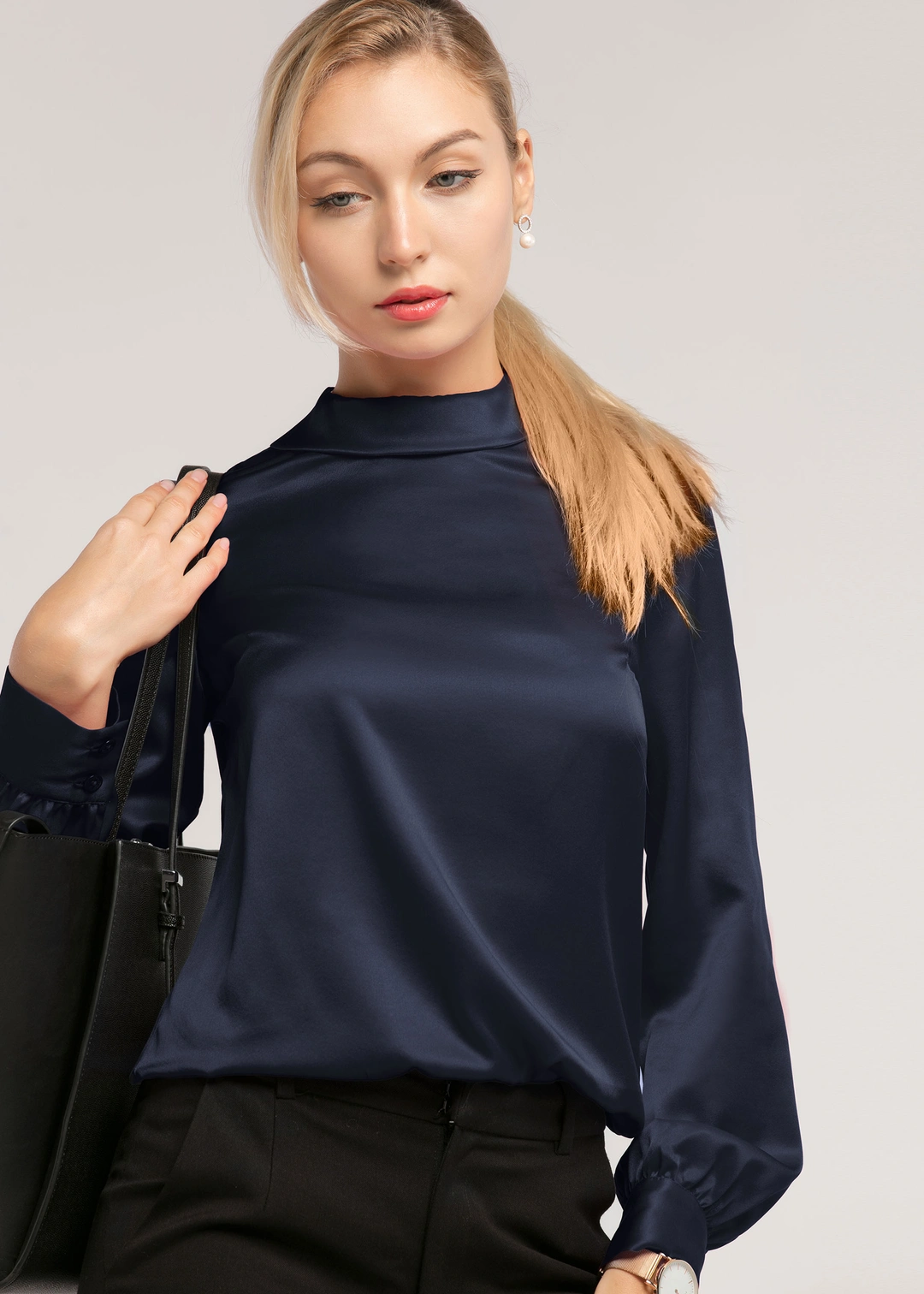 LILYSILK Chemisiers En Soie Femme Col Montant, Manches Longues Soie Extensible De Qualité Température Réglable Chemises Argenté XS