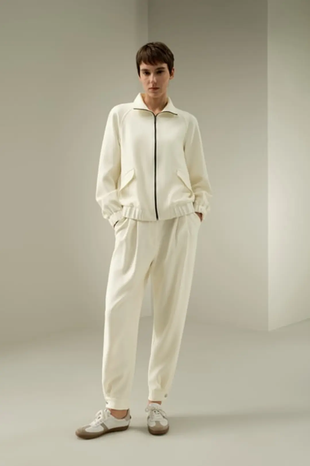 LILYSILK Veste En Laine Et Soie Fermeture Éclair Contrastée 95 % Laine, 5 % Soie Coupe Naturelle Style Sportif Blanc Naturel Xl