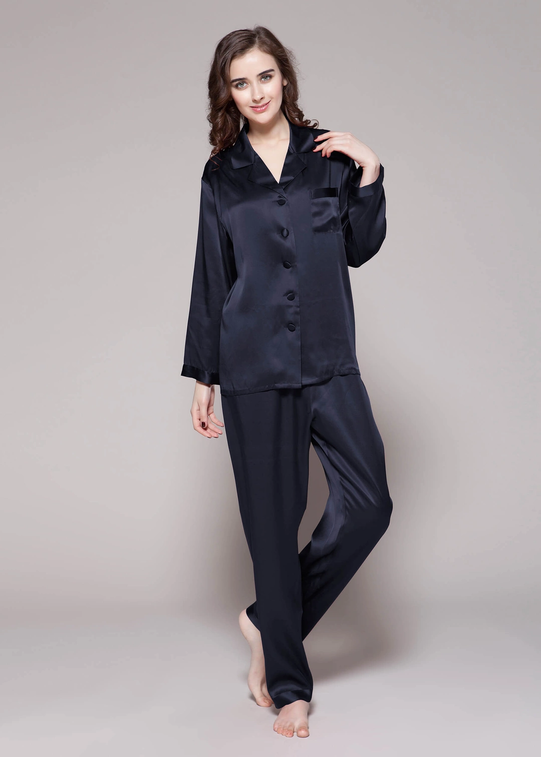 LILYSILK Pyjama Soie Noir Femme Noir Revers Crantés, Boutons Enveloppés De Soie 100% Soie Pure Maintient L'Hydratation Pour Mieux Dormir S