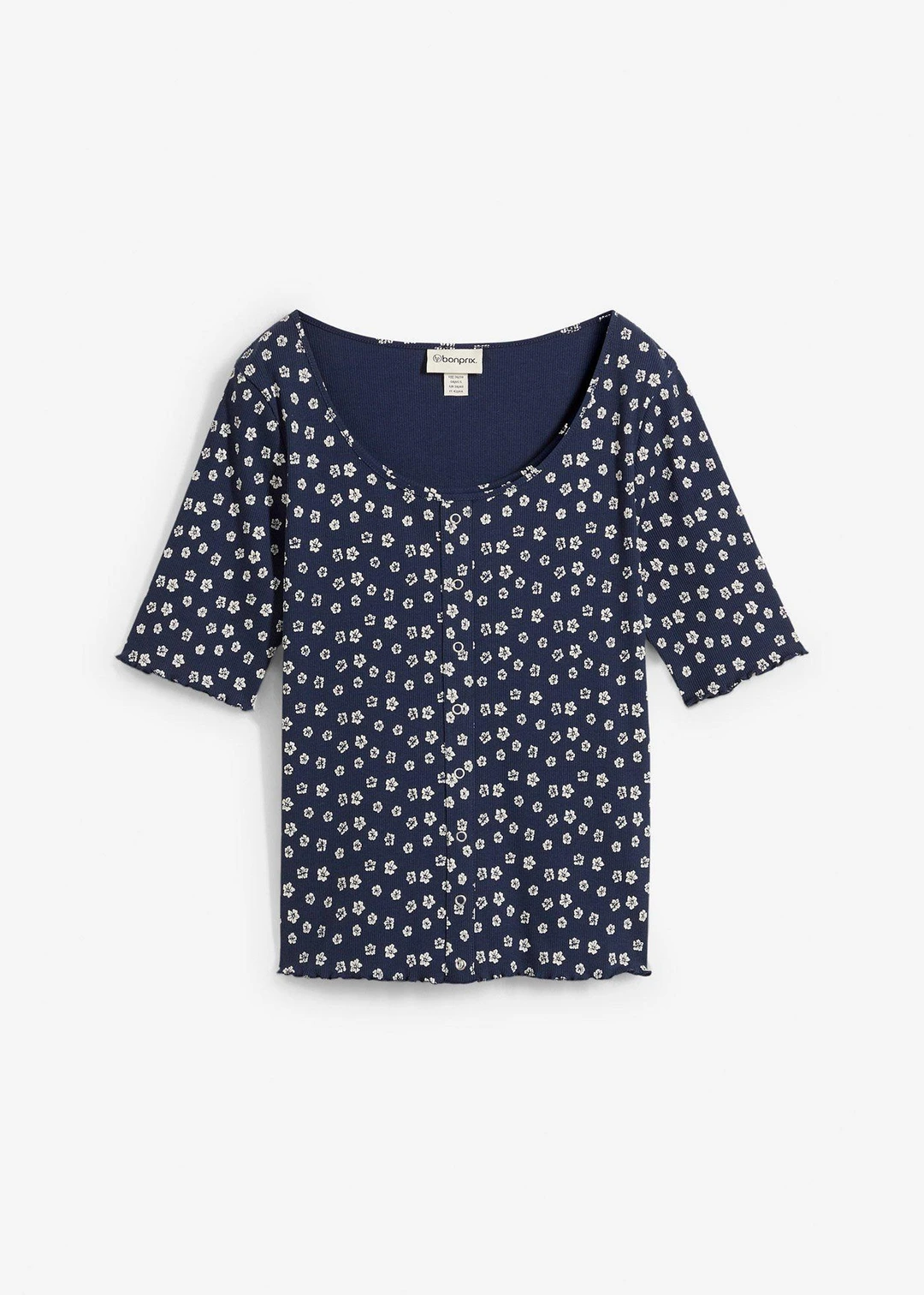 T-shirt côtelé à imprimé floral, manches coude