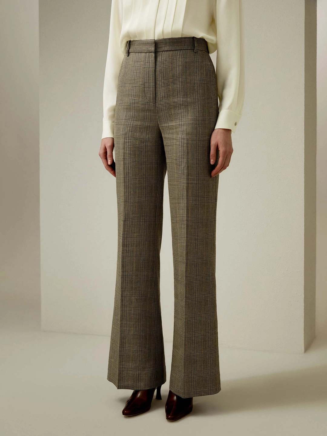 LILYSILK Pantalon Laine Et Soie Brun Cendré Chèque Glen, Style Formel Mélange Soie-Laine Élégance Intemporelle Et Style Sophistiqué 34