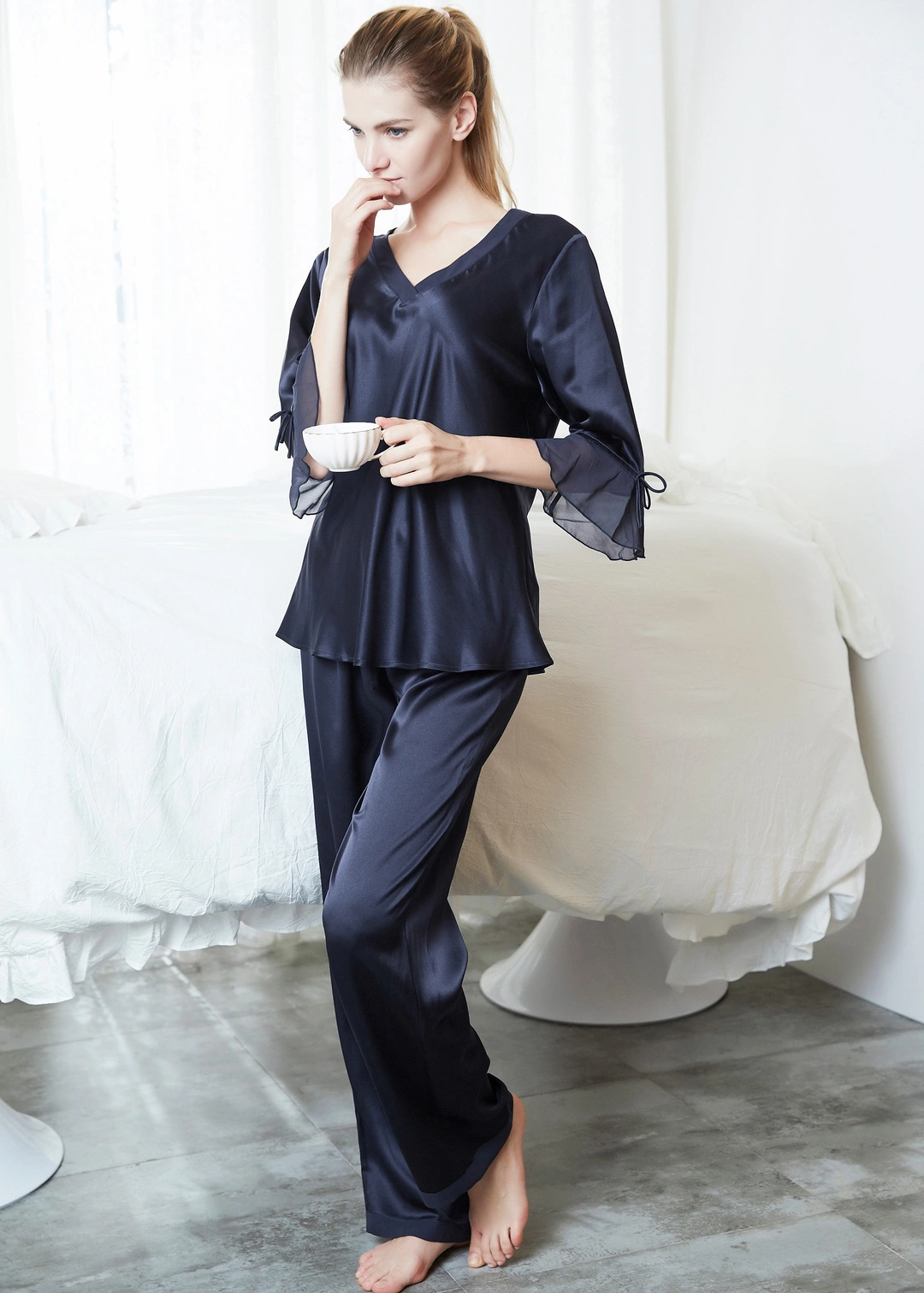 LILYSILK Pyjama original amazone pyjama soie murier dentelles Bleu Marine 34-36