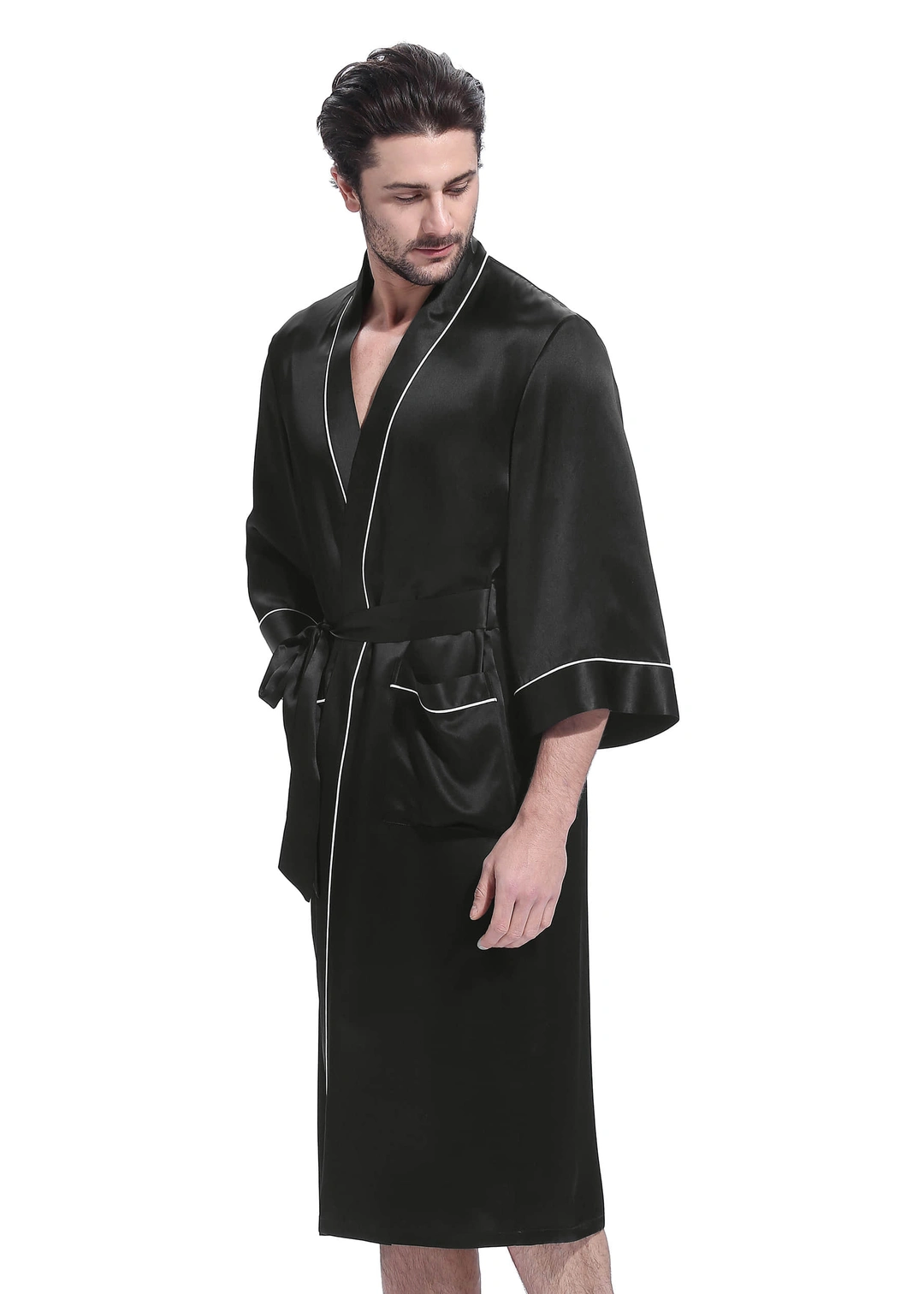 LILYSILK Robe De Chambre Soie Homme Noir Col Châle, Manches Longues 100% Soie Conçu Pour La Beauté Une Meilleure Peau Robe De Chambre XXL