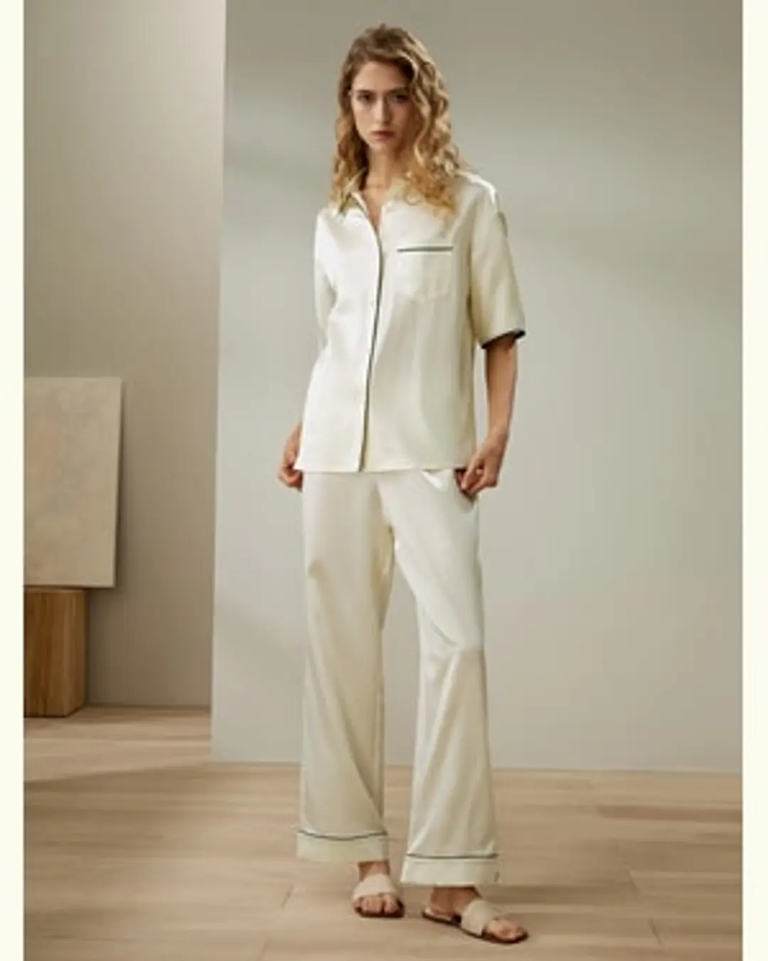 LILYSILK Pyjama Soie Femme Blanc Tuyau Contrasté Coupe Décontractée 100% Soie De Mûrier Respirant Super Léger S