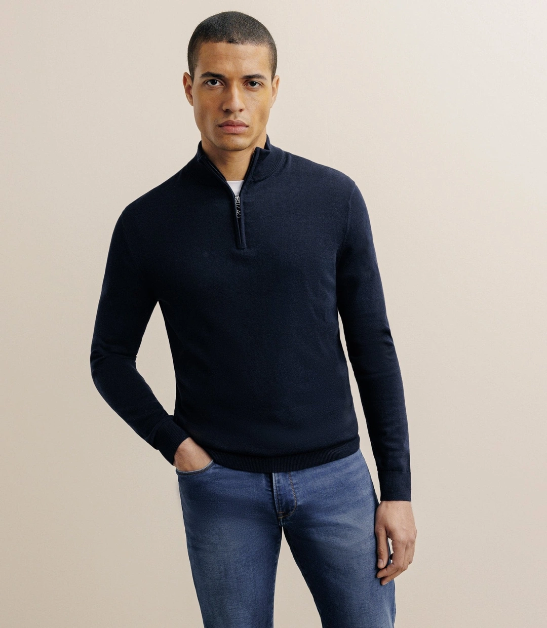 IZAC - Pull col montant demi zippé marine