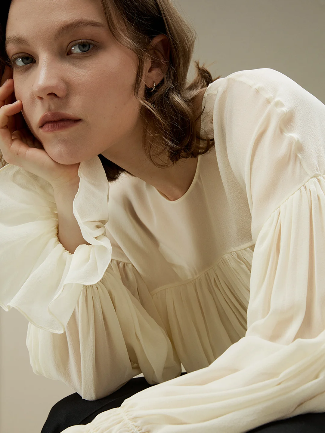 LILYSILK Blouse Soie Femme Crème Top À Volants, Manches À Volants 100% Soie De Mûrier Léger, Fluide Et Respirant XL