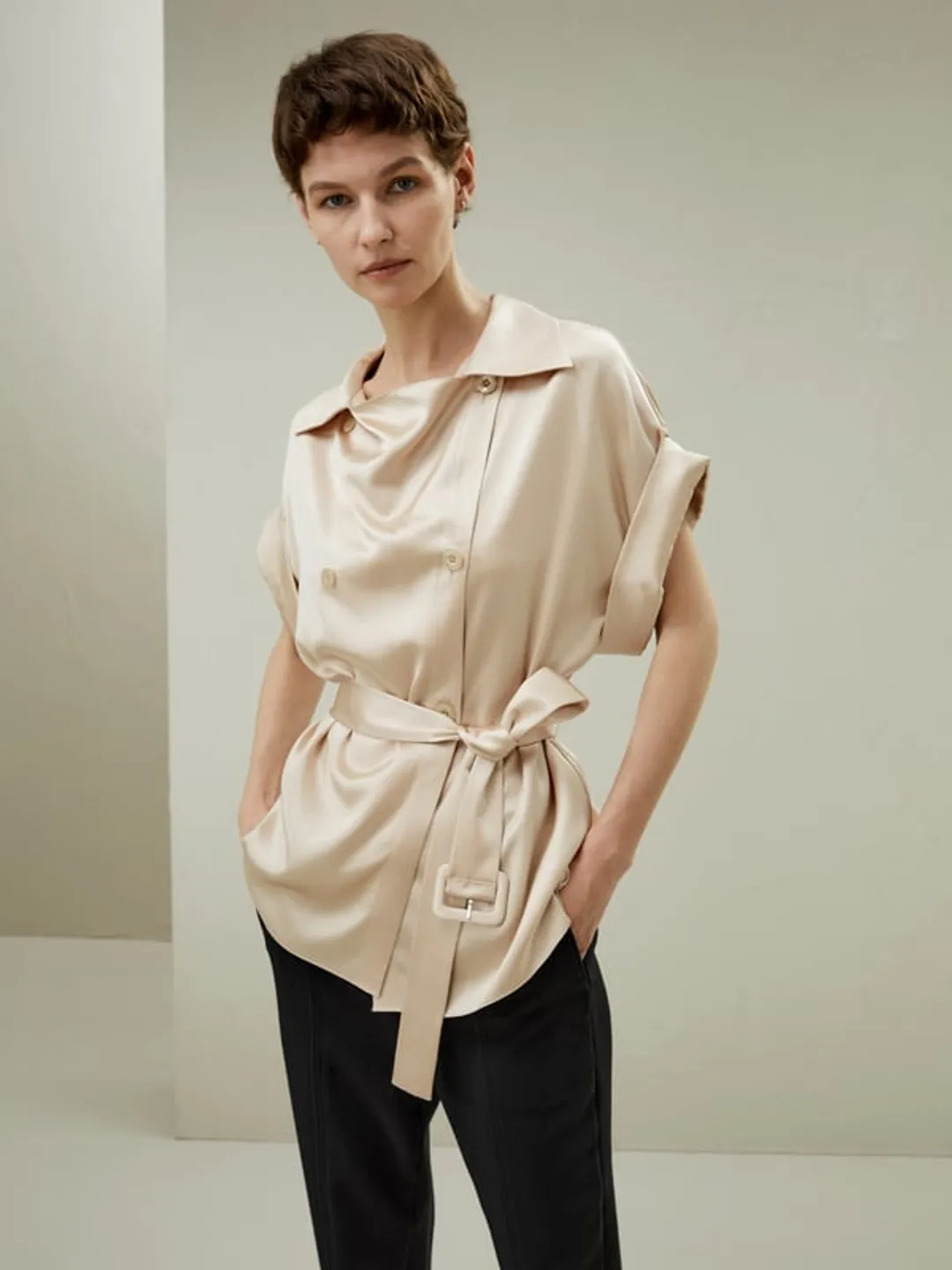 LILYSILK Top Manches Courtes Ceinture Bleu Marine XXS Soie Charmeuse Élégant Bureau/Décontracté